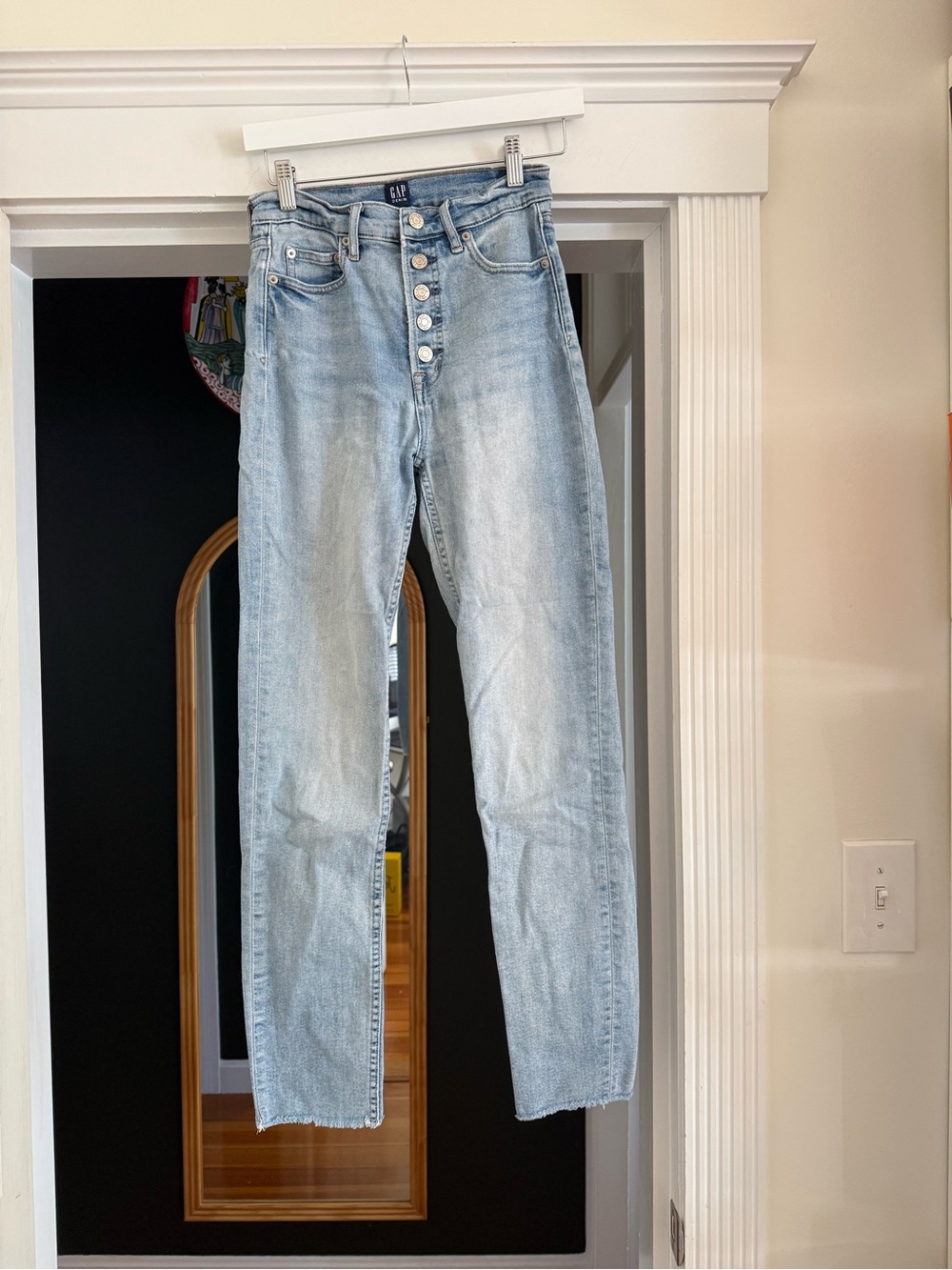 Gap Cigarette Jeans Light Wash High Rise Button Fly Raw Hem Size 25 Tall